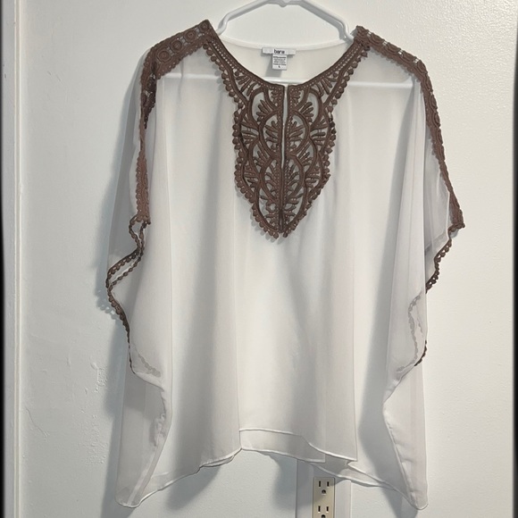 Bar III Tops - Bar III sheer white blouse with tan crotchet details